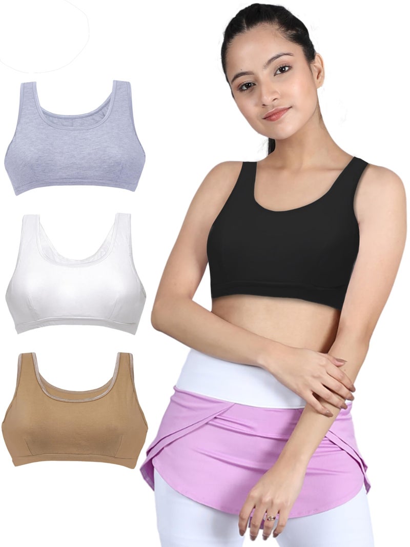 DChica Essentials Sports Bra for Girls, Cotton Non Padded Beginners Bra, Non-Wired Teenager Bras for Gym, Workout, Yoga Slip-on Double Layered Full Coverage Bra- Pack of 4 - Image 3