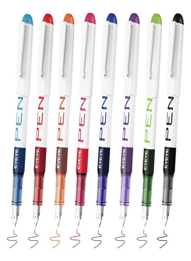 EYEYE 8 Colored Disposable Fountain Pens for Writing 8 Assorted Color Extra Fine Nib Classic Colorful Set - Image 1