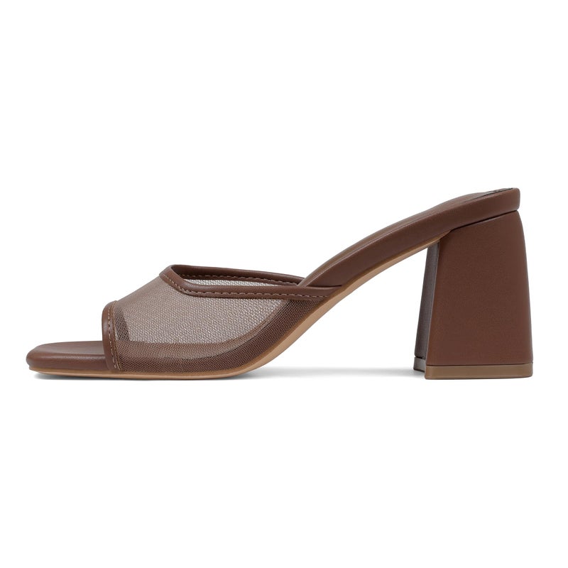 Mattiventon Brown Chunky Heels Heeled Sandals for Women Mesh Slide Sandals Square Open Toe Mules Slip On Summer Dress Shoes - Image 1