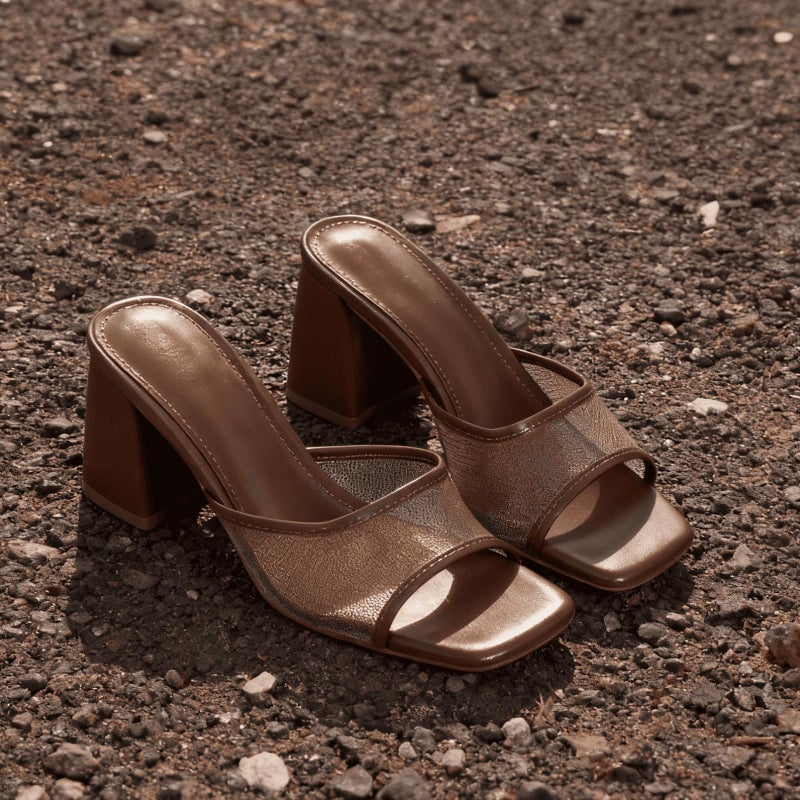 Mattiventon Brown Chunky Heels Heeled Sandals for Women Mesh Slide Sandals Square Open Toe Mules Slip On Summer Dress Shoes - Image 3
