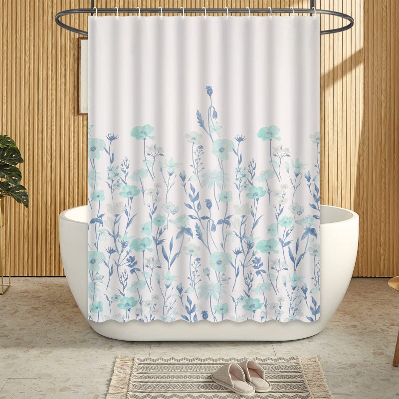 RLoncomix Blue Shower Curtain for Bathroom Watercolor Flower Leaves Plants Shower Curtains Teal and White Waterproof Fabric Standard Bath Curtain with 12 Hooks 72 x 72 Inches