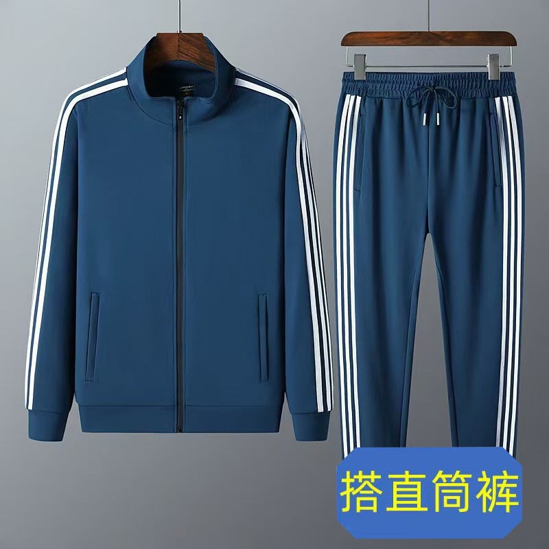 Generic Spring and Autumn Thin Jacket Sportswear Mens Casual Three-Bar suit Outdoor Running Sweatshirt Two-Piece Set Blue jacket + blue straight pants 