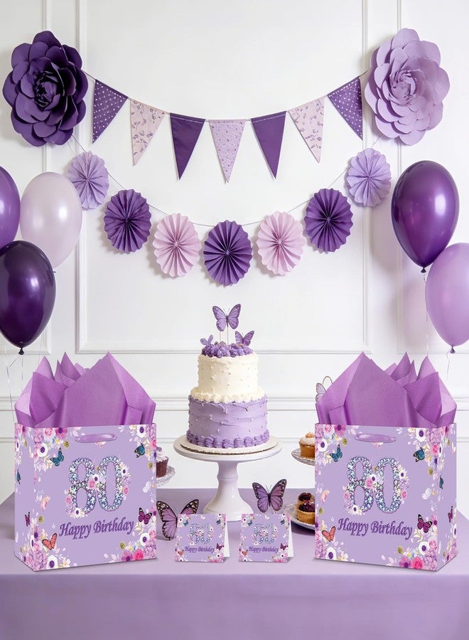 Wayyogh Large 80th Birthday Gift Bag for Women Fancy Purple Flower&Butterfly Happy Birthday Bags with 80th Birthdays Card Purple Tissue Wrapping Paper Bag for Mom Women 80 Years Old Birthdays Party Decoration - Image 4