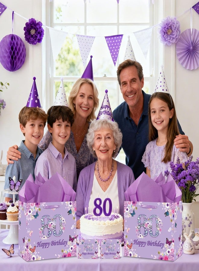 Wayyogh Large 80th Birthday Gift Bag for Women Fancy Purple Flower&Butterfly Happy Birthday Bags with 80th Birthdays Card Purple Tissue Wrapping Paper Bag for Mom Women 80 Years Old Birthdays Party Decoration - Image 3