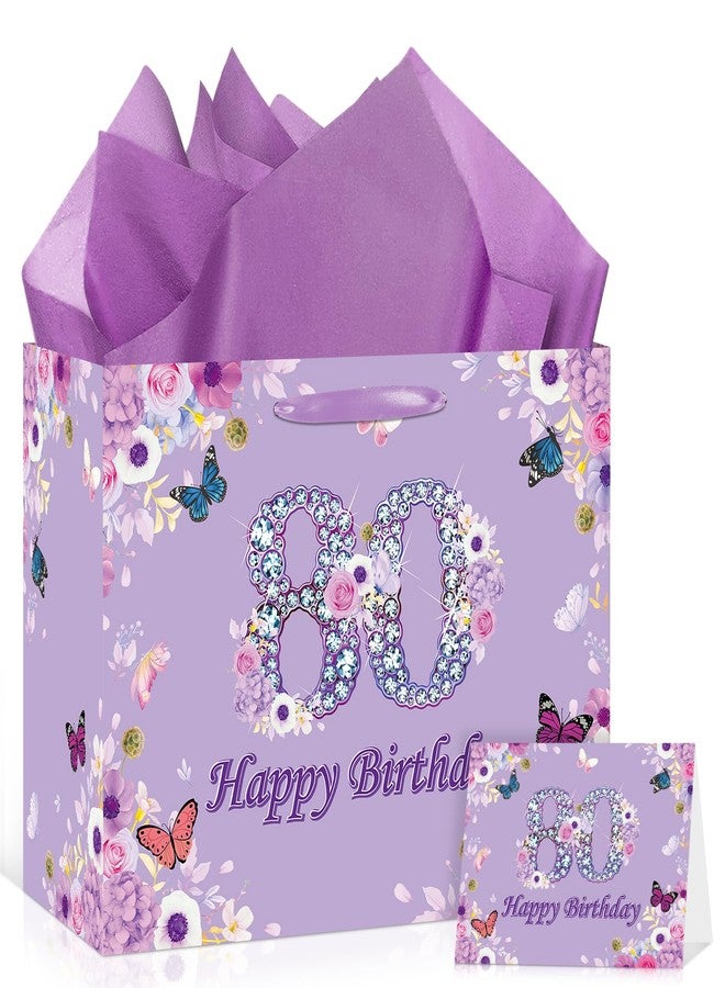 Wayyogh Large 80th Birthday Gift Bag for Women Fancy Purple Flower&Butterfly Happy Birthday Bags with 80th Birthdays Card Purple Tissue Wrapping Paper Bag for Mom Women 80 Years Old Birthdays Party Decoration - Image 1