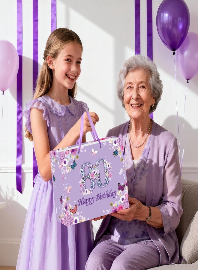 Wayyogh Large 80th Birthday Gift Bag for Women Fancy Purple Flower&Butterfly Happy Birthday Bags with 80th Birthdays Card Purple Tissue Wrapping Paper Bag for Mom Women 80 Years Old Birthdays Party Decoration - Image 2