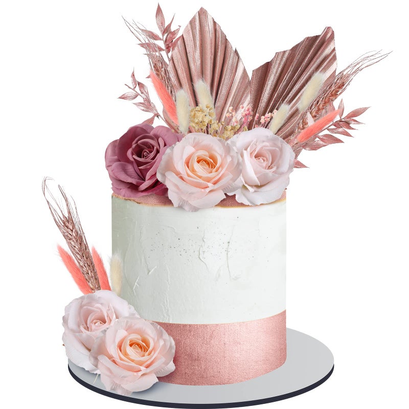 Tallew 28 Pcs Boho Cake Topper Decorations Vintage Artificial Rose Flowers Leaves for Cake Decorating Kit Dried Faux Flower Decor for Bohemian Wedding Bridal Baby Shower Birthday Party Supplies Rose Gold - Image 2