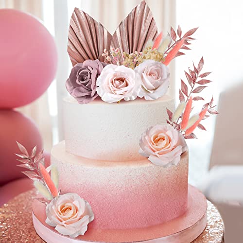 Tallew 28 Pcs Boho Cake Topper Decorations Vintage Artificial Rose Flowers Leaves for Cake Decorating Kit Dried Faux Flower Decor for Bohemian Wedding Bridal Baby Shower Birthday Party Supplies Rose Gold - Image 3