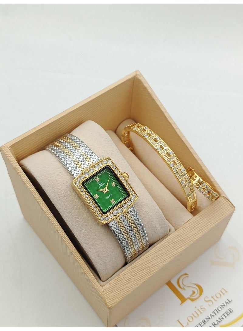 Louis Ston High-quality, waterproof women's watch gift set with an elegant bracelet and premium packaging box - silver and gold strap with an olive-green dial