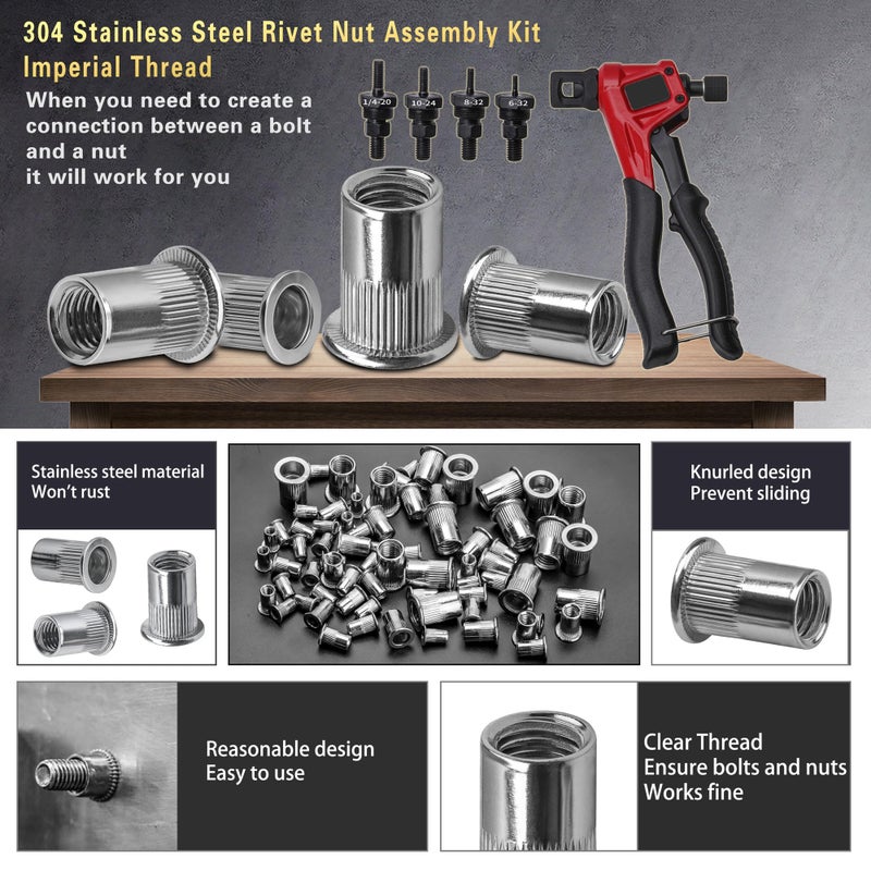 AskWay ASE Stainless Steel Rivet Nut Tool Kit, 500PCS (1/4-20,10-24,8-32,6-32) inch Rivet Nut, Suitable for Furniture, Decoration, Automotive, Marine and Industrial Applications - Image 3