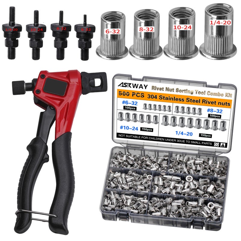 AskWay ASE Stainless Steel Rivet Nut Tool Kit, 500PCS (1/4-20,10-24,8-32,6-32) inch Rivet Nut, Suitable for Furniture, Decoration, Automotive, Marine and Industrial Applications - Image 1