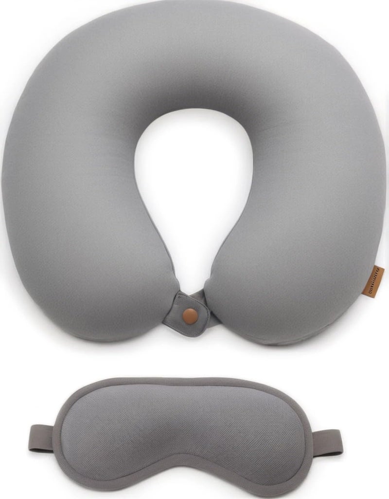 PumPum Microfiber Travel Pillow with Eye Mask, Soft Neck Support Pillow for Airplane, Car, Train & Office ,Compact & Lightweight Travel Essentials Set for Men & Women,Grey - Image 1