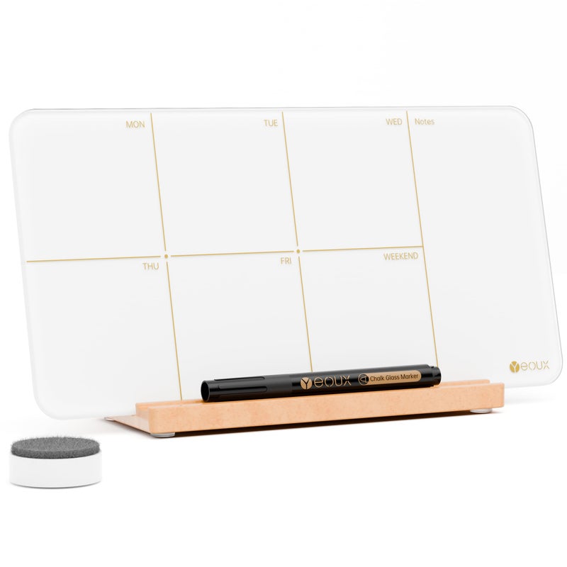 YEOUX Desktop Glass Weekly Planner Whiteboard with Detachable Wood Stand,Small Portable Dry Erase Calendar to Do List White Board 12x6 for Office, Home, Schools, Marker&Eraser Included, Yeoux - Image 1