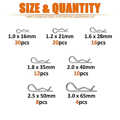 ISPINNER 100pcs 304 Stainless Steel Cotter Pins Assortment Kit, 7 Sizes R Clips for Hitch Pin Lock Systems - Image 2
