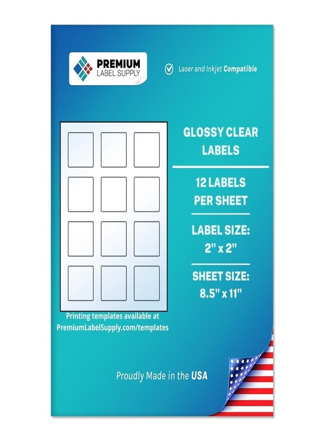 Premium Label Supply Glossy Clear Sticker Square Labels - 2" x 2" - Laser/Inkjet Compatible - (12 per Sheet), 25 Sheets - 300 Total Adhesive Labels - Image 1