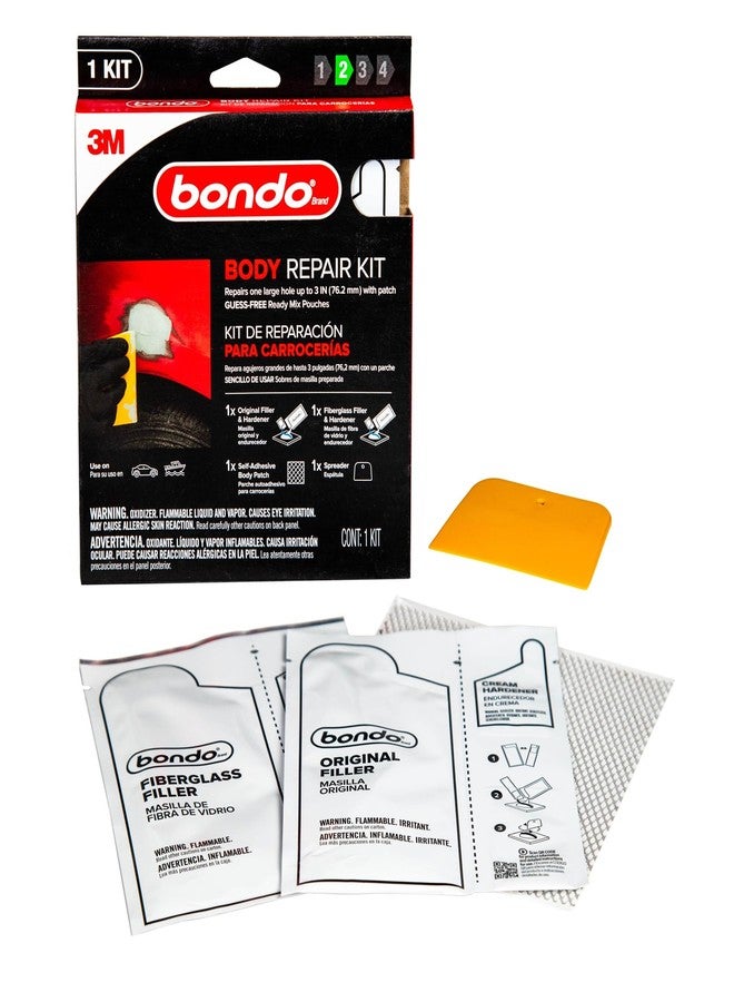 Bondo طقم إصلاح هيكل بوندو جاهز للخلط، يصلح ثقبًا كبيرًا يصل إلى 3" مع رقعة، 1 مادة تعبئة أصلية ومصلب، 1 مادة تعبئة ألياف زجاجية ومصلب، 1 رقعة هيكل ذاتية اللصق، 1 ملعقة (BRKIT-2PK-ES) - Image 1