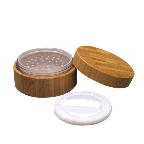 30g 1oz Empty Portable Environmental Bamboo DIY Comestic Make-up Loose Powder Container Jar Case Holder with Sponge Powder Puff and Sifter Baby Powder Puff Kit Foundation Cosmetic Box