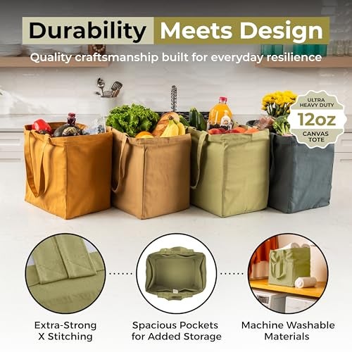 VeraMia Canvas Grocery Bag 3pc Jumbo Set with Real Pockets, Long Shoulder Strap and Short Handle. Reusable Shopping Bags for Groceries Heavy Duty, Foldable, Washable, Grocery Tote Bag (Caribbean Blue) - Image 3