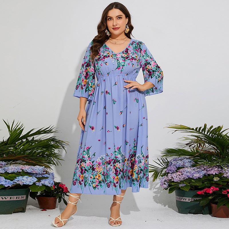Cross-border US Middle East Hot Sale Spring plus size dress Floral Chiffon Loop Waist Trumpet Sleeve Vacation Long Dress purple 