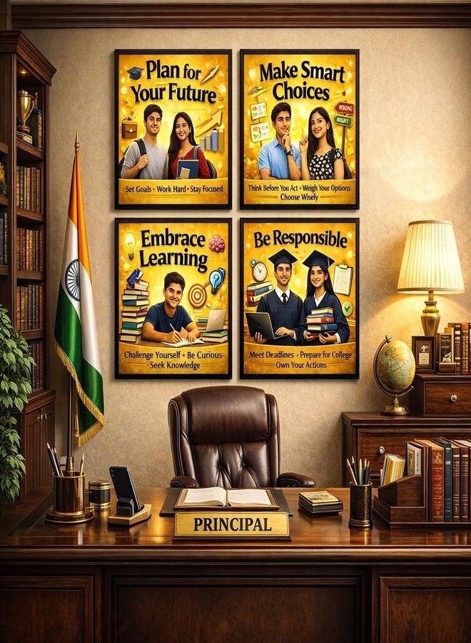 Motivational Posters for School Principal Office, Set of 4 (10x10 inches), Yellow Background with Black Border (0.5 inches), Leadership and Academic Excellence Theme, High Resolution Framed Wall Art - Image 3