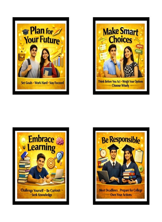 Motivational Posters for School Principal Office, Set of 4 (10x10 inches), Yellow Background with Black Border (0.5 inches), Leadership and Academic Excellence Theme, High Resolution Framed Wall Art - Image 1