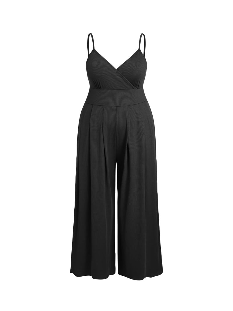 CIDER Plus Size Jumpsuits for Curvy Women V Neck Sleeveless Spaghettis Strap Wide Leg Overalls Casual Summer Outfits - Image 1