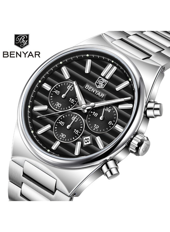 BENYAR Mens Watches Multifunction Chronograph Date Quartz Watch for Men Stainless Steel Band Wrist Watch Gift for Men Casual Business - Image 1