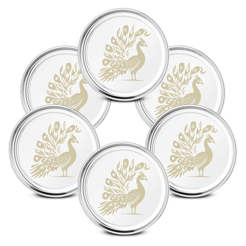 JSI 6 قطع أطباق عشاء من الفولاذ المقاوم للصدأ | قاعدة عميقة | تشطيب مرآة وتصميم دائم بالليزر على شكل طاووس، متينة، سهلة التنظيف، قابلة للتكديس، أطباق للغداء، الإفطار - Image 2