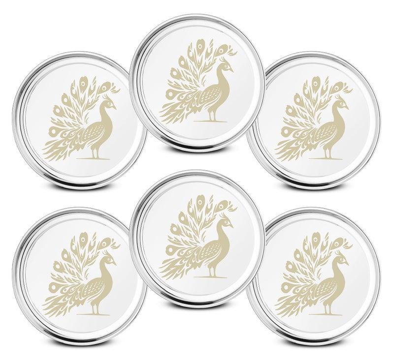 JSI 6 قطع أطباق عشاء من الفولاذ المقاوم للصدأ | قاعدة عميقة | تشطيب مرآة وتصميم دائم بالليزر على شكل طاووس، متينة، سهلة التنظيف، قابلة للتكديس، أطباق للغداء، الإفطار - Image 1