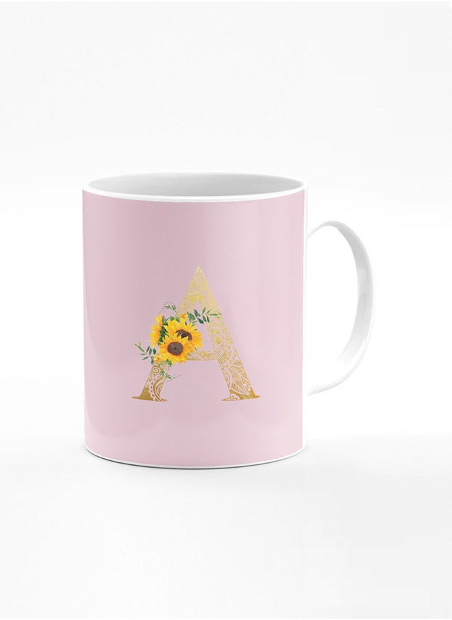 Stylizedd Designer Printed Coffee Mug 11oz Ceramic Personalised Gift Mugs Cup Custom Monogram Initial Letter Mandala Floral Pattern Alphabet A (Pink)  - Image 1