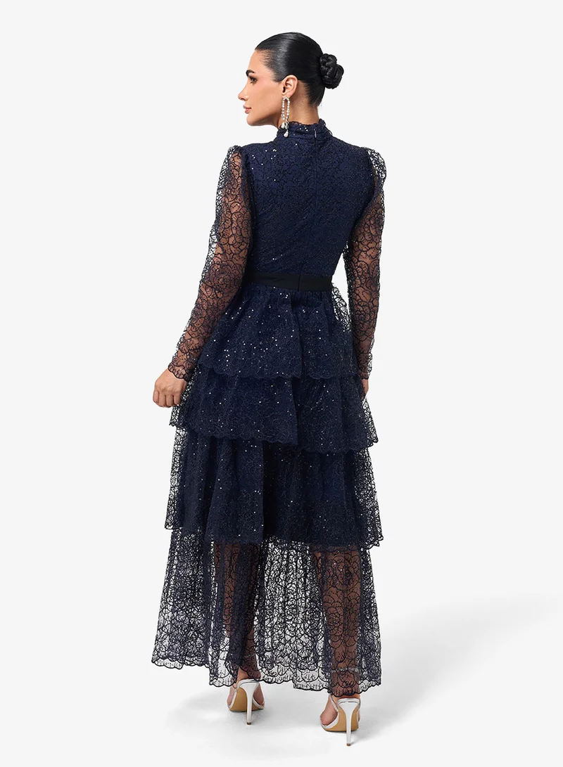 Threadz by Ajooni Lace Detail Ruffle Maxi Dress