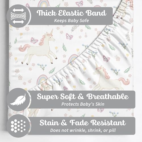 Sorrel + Fern Crib Sheets Neutral - Fitted Baby Crib Sheets Bed for Girl Boy - 2 Pack Standard & Toddler Mattress (Unicorn Blossom) - Buttery Soft Organic Cotton Blend - Image 2