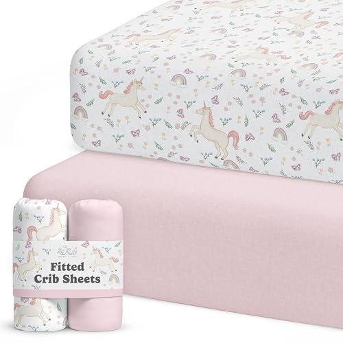 Sorrel + Fern Crib Sheets Neutral - Fitted Baby Crib Sheets Bed for Girl Boy - 2 Pack Standard & Toddler Mattress (Unicorn Blossom) - Buttery Soft Organic Cotton Blend - Image 1