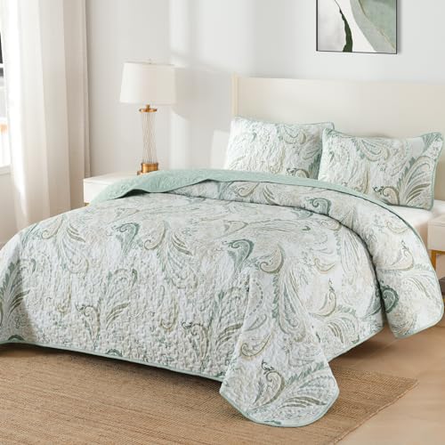 WONGS BEDDING Boho Quilt Set KingSage Green Paisley Floral Pattern Bedspread Coverlet Set with 2 PillowcasesLightweight Microfiber Bohemian Quilt Bedding Set 10490 - Image 3