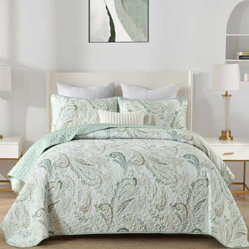 WONGS BEDDING Boho Quilt Set KingSage Green Paisley Floral Pattern Bedspread Coverlet Set with 2 PillowcasesLightweight Microfiber Bohemian Quilt Bedding Set 10490 - Image 1