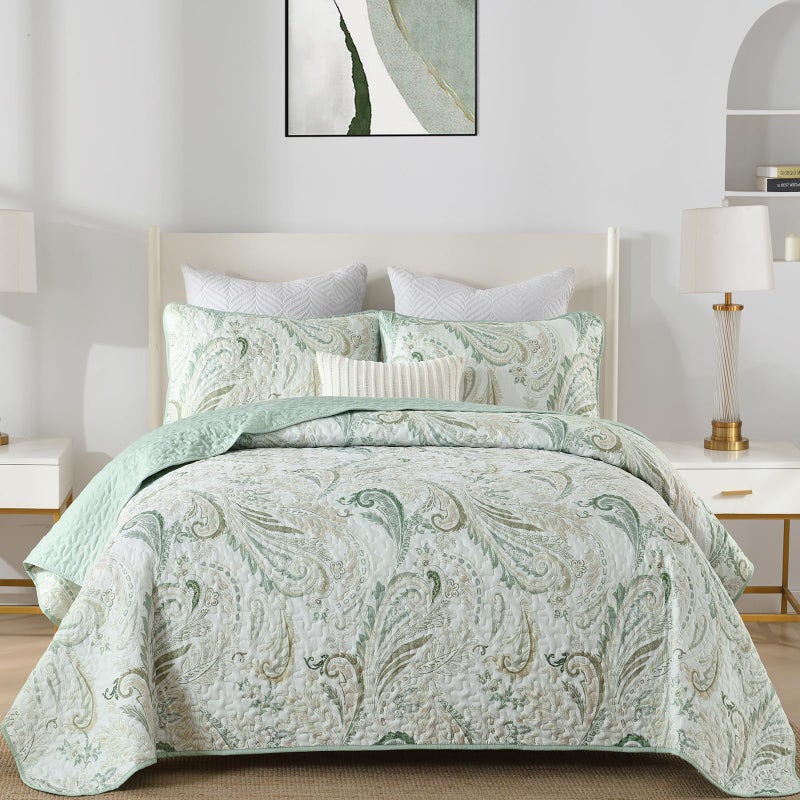 WONGS BEDDING Boho Quilt Set KingSage Green Paisley Floral Pattern Bedspread Coverlet Set with 2 PillowcasesLightweight Microfiber Bohemian Quilt Bedding Set 10490 - Image 2
