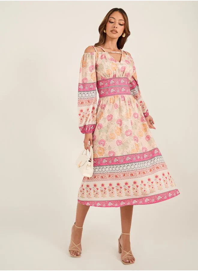لوكس ويف All-Over Print V Neck Balloon Sleeve Midi Dress by Styli