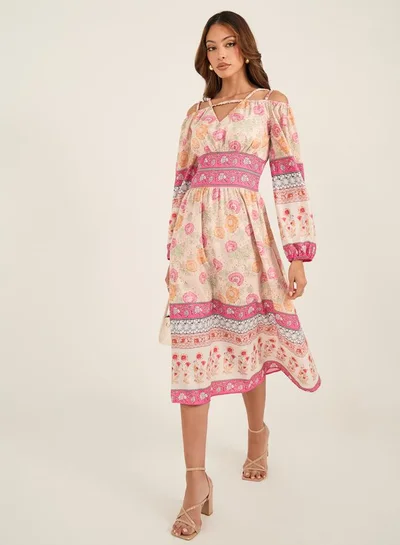 Take Two All-Over Print V Neck Balloon Sleeve Midi Dress