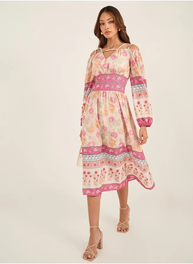 لوكس ويف All-Over Print V Neck Balloon Sleeve Midi Dress by Styli