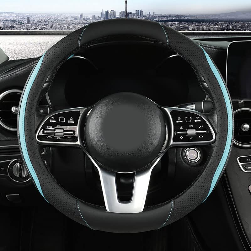 szttswamp Car Steering Wheel Cover Leather Steering Wheel Cover Blue Universal 14515 Inch Microfiber Leather AntiSlip Breathable Auto Steering Wheel Covers for Men Women BlackBlue - Image 1