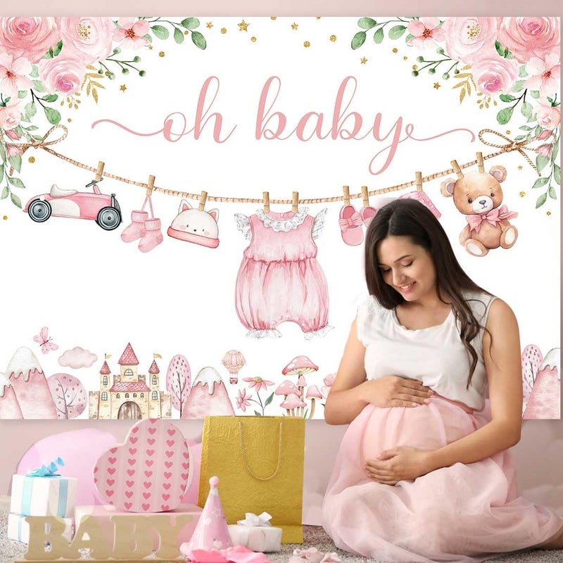 Sensfun Cute Clothes Baby Shower Backdrop Oh Baby Girl Pink Floral Adventure Photography Background It's A Girl Baby Shower Party Decorations Banner Supplies Photo Booth Props 7x5ft - Image 4
