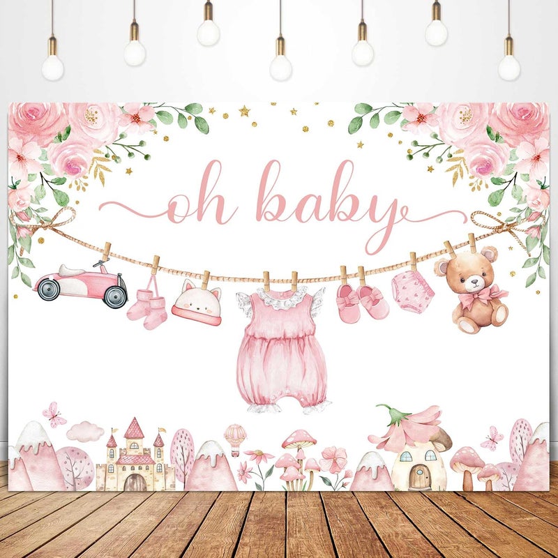 Sensfun Cute Clothes Baby Shower Backdrop Oh Baby Girl Pink Floral Adventure Photography Background It's A Girl Baby Shower Party Decorations Banner Supplies Photo Booth Props 7x5ft - Image 5
