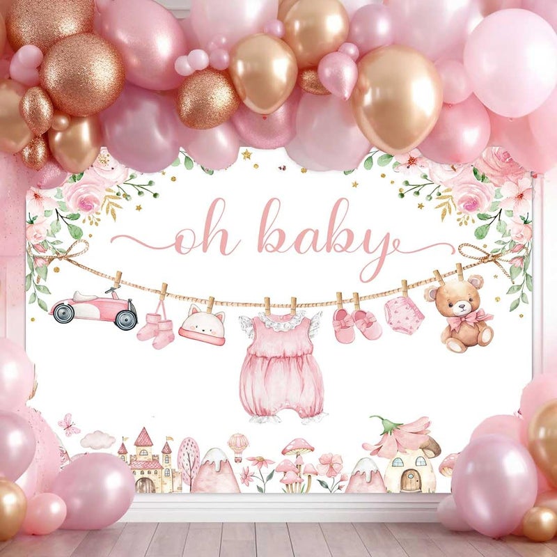 Sensfun Cute Clothes Baby Shower Backdrop Oh Baby Girl Pink Floral Adventure Photography Background It's A Girl Baby Shower Party Decorations Banner Supplies Photo Booth Props 7x5ft - Image 3