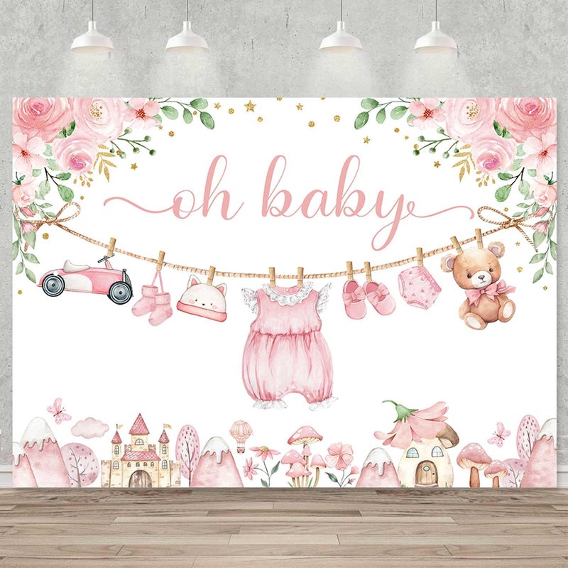 Sensfun Cute Clothes Baby Shower Backdrop Oh Baby Girl Pink Floral Adventure Photography Background It's A Girl Baby Shower Party Decorations Banner Supplies Photo Booth Props 7x5ft - Image 1