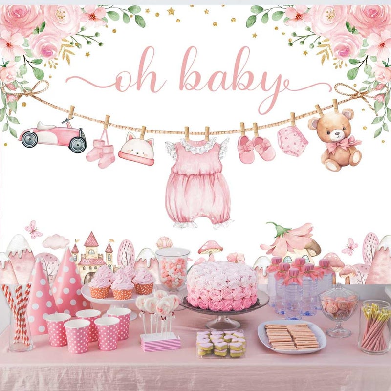 Sensfun Cute Clothes Baby Shower Backdrop Oh Baby Girl Pink Floral Adventure Photography Background It's A Girl Baby Shower Party Decorations Banner Supplies Photo Booth Props 7x5ft - Image 2