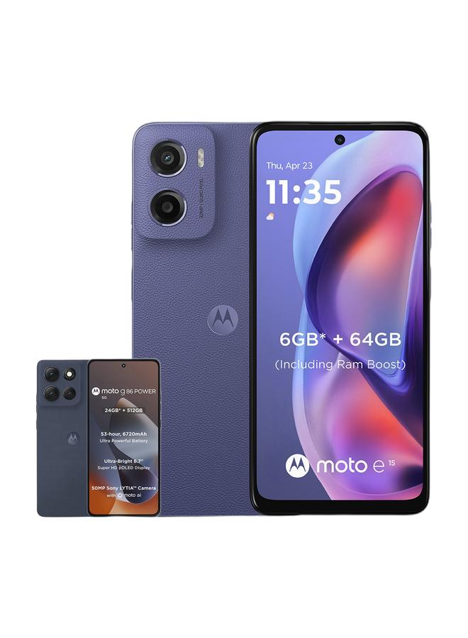 Motorola Moto G86 Power Dual SIM PANTONE Spellbound 8GB RAM 512GB 5G - Middle East Version & E15 4G Dual SIM Fresh Lavender 2GB RAM 64GB - Middle East VersionBundle - Image 1