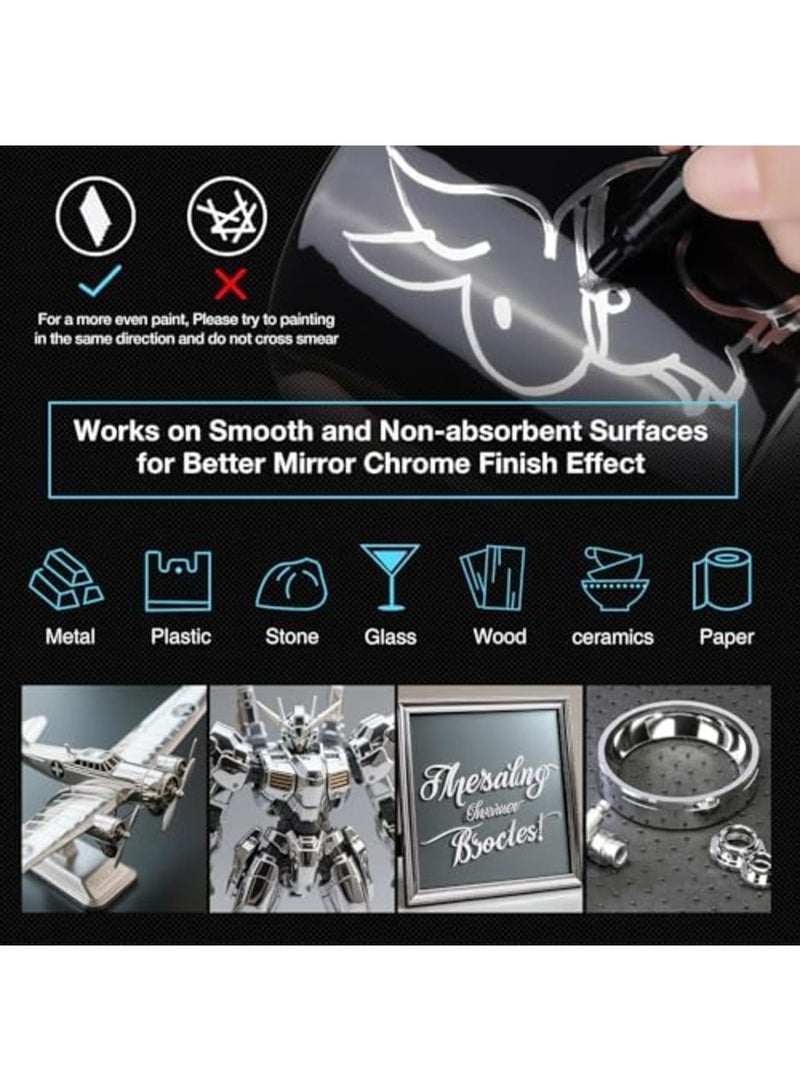 SYOSI 3Pcs Silver Liquid Mirror Chrome Markers Permanent Art Liquid Chrome Marker Set, Reflective Gloss, Repair Paint Pen for Model Metal Plastic Glass DIY Craft (0.7/1/3mm, Silver) - Image 2