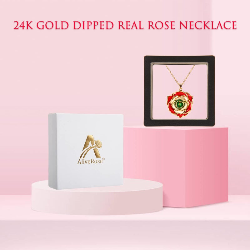 AliveRose Rose Pendant Necklaces Gifts for Women, 24K Gold Dipped Real Rose Dangle Necklace Jewelry - Ideal Gift for Her Wife Mom Anniversaries, Valentines, Birthday, Christmas (Red Ivory Green) - Image 4