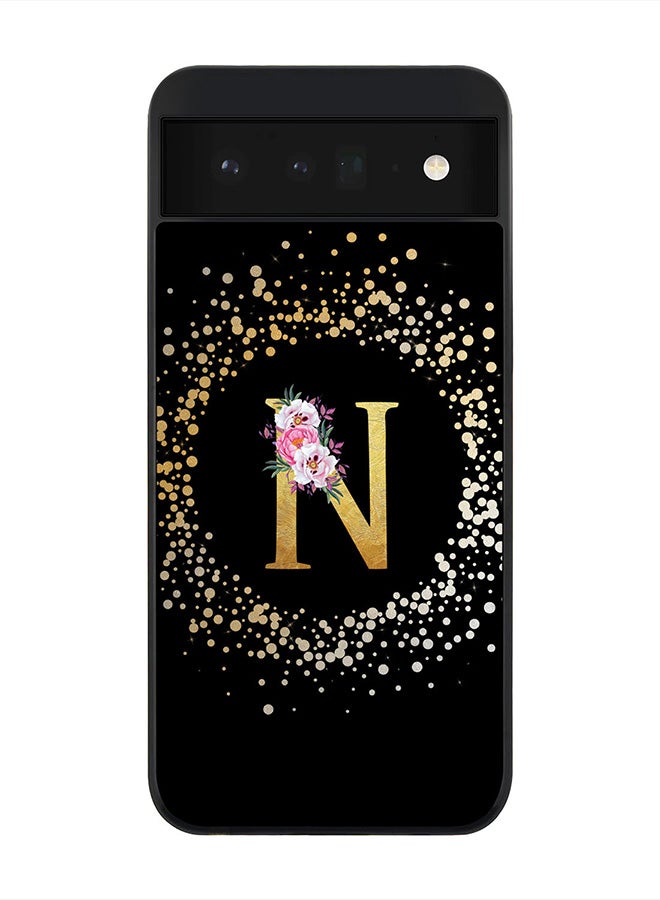 Stylizedd Rugged Black Edge Case for Google Pixel 6 5G, Slim fit Rubber Edges Thin Cover -  Custom Monogram Initial Letter Floral Pattern Alphabet - N (Black) - Image 1