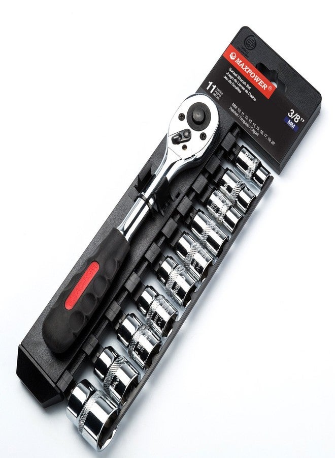 MAXPOWER 11-Piece 3/8" Ratcheting Socket Wrench Set Quick Release Reversible Ratchet Handle and Swappable Spanners Sockets with Hanging Rack - Image 1